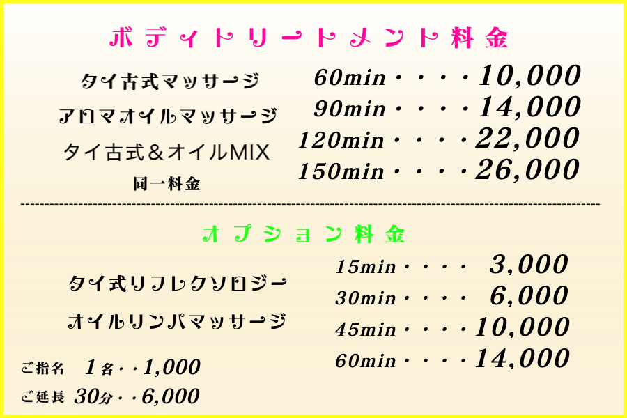 出張マッサージタイ古式アロマの東京ラデナの料金表